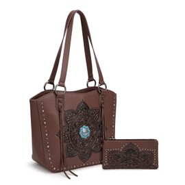 Montana West Western Tooled Tote Bag for Women Mandala Pattern Shoulder Bag Top Handle Handbag Studded Tooled Leather Purse with Wallet Set MWC-144W-CF