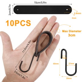 GGXZHT Pack of 10 S Hooks Black with Leather Loop, Hangers Coat Hooks with Leather Loop, Pram Hooks, Metal S Shaped Hook for Clothes Rail Bathroom, Camping&Kitchen.