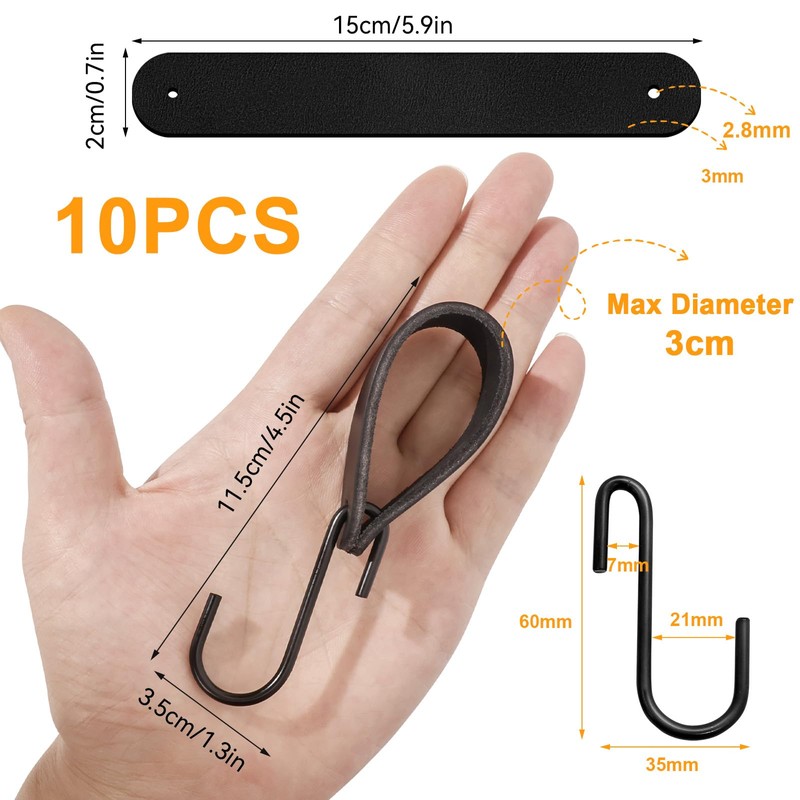 GGXZHT Pack of 10 S Hooks Black with Leather Loop,