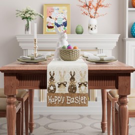 BOTB LIHM Happy Easter Creamy Brown Bow Bunny Eggs Rabbits Cloth Table Runner Burlap Table Decoration for Spring Home Kitchen Dining Dinner Indoor Holiday Farmhouse Decor 13x48 Inch