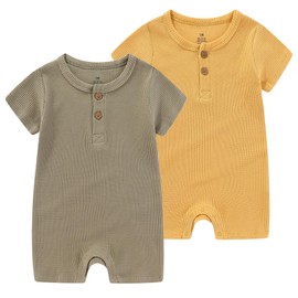 MAMIMAKA Baby Boy Girl Short Sleeve Bodysuits one-Piece Newborn Baby Clothes Solid Romper 2 Pack, 3-6 Months