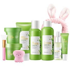 ARCHIDATE Green Tea Skincare Set, 10Pcs Anti Aging Face Routine Set, Reduce Fine Lines, Deep Pore Cleaning, Oil Control, Sooth Skin, Improve Dry Skin, Skin Care Routine Kit for Women Teenage Girls