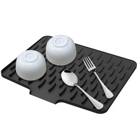 Silicone Dish Drying Mat for Kitchen Counter with Built in Drain Lip, Dish Drying Pad, Non-slip Drain Pad, Heat Resistant Drying Mat, Easy to Clean Tray Protect Surface, 15.8" x 12", Black