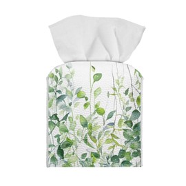 Freewander Green Leaves Tissue Box Cover Square PU Leather Facial Paper Case Foldable Cube Tissue Box Covers Holder Easy Clean Organizer Modern Decorative for Home