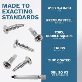 #10 x 3/4 Inch Self Tapping Sheet Metal Screws, Double Square #2 Head Bit Included, Cargo Trailer Self Tapping Screws, Exterior RV Skin Fasteners, Enclosed Trailer Repair Screws, 250 Pack