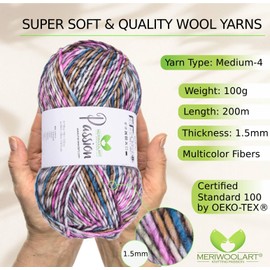 MeriWoolArt® Colourful XL-Merino Knitting Wool - 200 m Luxurious, Thick and Cuddly Soft Merino Wool for DIY Knitting Projects, Sweaters and Jackets - Ideal for Scarves, Blankets and Creative Gift