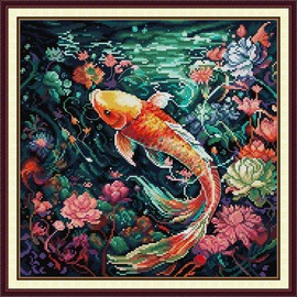 Threadhaven Counted Cross-Stitch Kit 14CT Aida Fabric with Threads, Needles & Guide | Animal Sewing Pattern Embroidery Kit for Adults | Premium DIY Craft Kit- Koi 3 14.1''×14.1''