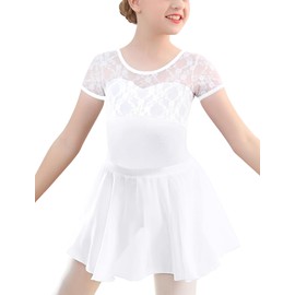 Ballet Leotards Top with Removable Skirt for Girls Elegant Ballerina Bodysuit Dress Cute Tutu Skirt with Snap Button Outfit Danewear 14-16 Years White Leotard+Chiffon Skirt 2023