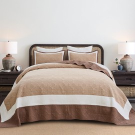 DDUOXIN Lightweight King Bedspread 120"x120" - 100% Cotton Reversible Oversized King Quilt with 2 Pillow Shams, Bedspreads Coverlet Set, Brown/Beige, 3 Piece