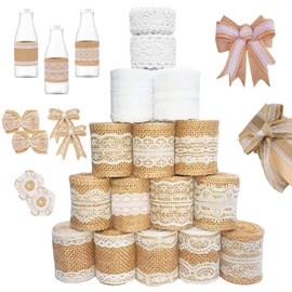 16 Rolls of Vintage Lace Ribbon, 12 m Jute Ribbon with Lace + 13 m Lace Ribbon, White Vintage, Jute Ribbon Lace Ribbon, Hessian Ribbon Roll, Lace Border Decorative Ribbon Roll for Gift Wrapping (Pack