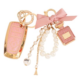 YILINXI Key Fob Cover with Diamond Perfume Keychain, Car Key Shell Compatible with Ford Explorer Fusion Escape Edge Expedition F150 F250 F350 F450 F550 Maverick Mustang for Women, Pink-5 Buttons