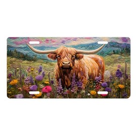 Vanity Decorative Front License Plate - Cute Car License Plate Made in the USA - Aluminum Metal Plate - Premium Quality Car Plate - Front Plate for Car (Highland Cow in Wildflowers)