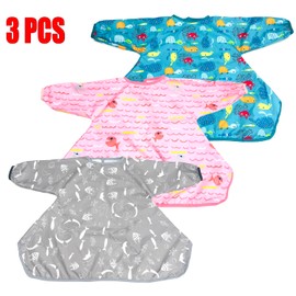 Waterproof Bibs with Long Sleeve for Baby, Baby Led Weaning Bib Coverall attaches to highchair, Handy to Carry (3 PCS - Seaworld Gray&Blue+ Pink Fish)
