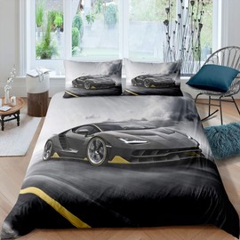 Erosebridal Race Car Comforter Cover Twin Size for Kids Boys Teens Cool Speed Racing Car Automobile Print Sports Game Theme Duvet Cover, Decorative 2 Piece Bedding Set with 1 Pillow Sham, Grey Black