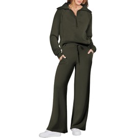 VECVOC Womens 2 Piece Sweatsuits Lounge Joggers Sets Half Zip Sweatshirts with Wide Leg Sweatpants Fall Outfits,Army Green,M