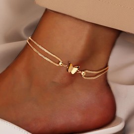 CHAKRA HEALING REIKI CHR Butterfly Anklets Layered Chain Jewelry for Women Simple Stainless Steel 14K Gold/Silver Plated Waterproof Anklets Bracelet Stackable Trendy Summer Beach Foot Jewelry (Gold)