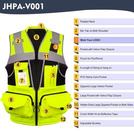 JHPAZUJA Surveyor Safety Vest for Men with 16 Pockets-Hi Vis Reflective Vest with Padded Neck Fishing Tactical Vest Custom Logo (Yellow, 2XL)