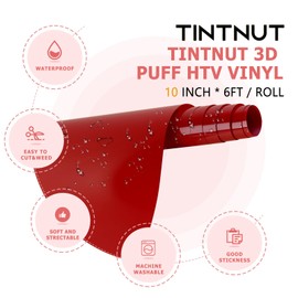 Tintnut Red Puff HTV Vinyl Heat Transfer - 10 inches x 6ft Puff HTV Vinyl Roll 3D Puff Heat Transfer Vinyl Foaming Red Puffy HTV Iron on Vinyl for T-Shirts Compatible with Cricut/Silhoutte Cameo