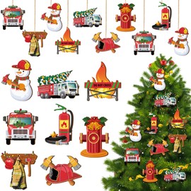 32 Pieces Christmas Ornaments with Rope Wood Firefighter Gifts Memorial Fire Department Gifts Firefighter Decor Decorative Hanging Ornaments for Fireman Christmas Tree (Fire Hydrant Style)