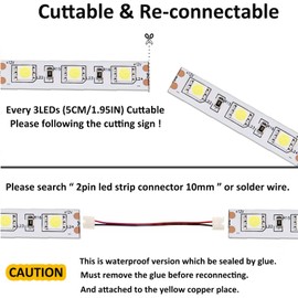 JOYLIT 12V White LED Strip Lights 6000-6500K 16.4ft/5M SMD5050 300LEDs, Dimmable IP65 Waterproof Cuttable Flexible LED Rope Light for Bedroom, Living Room, Kitchen (LED Strip Only)
