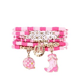 KZL Surfer Heishi Bracelets Set for Women Western Cowgirl Beaded Stretch Bracelet Bohemian Hat Boots Beer Bottle Disco Ball Stackable Charm Bracelets Summer Beach Jewelry -Set 4