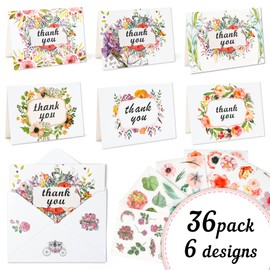 Thank You Cards with Envelopes, 36 Pack Floral Thank You Notes with 36 Envelopes 6 Sticker Sheets By Feela, Blank Inside Cards for Baby Bridal Shower Wedding Graduation