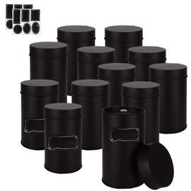 MUXHEL 12 Pcs 19 oz Tea Tin Canister with Airtight Double Lids, Black Round Tea Canister with Sticker, Metal Tea Container for Tea, Coffee, Sugar Storage