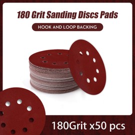 125mm Sanding Discs 8-Holes Aluminum Oxide Sandpaper for Woodworking with Hook and Loop for Random Orbital Sander 180 Grit, 50-Pack