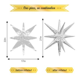 Silver Star Balloons 6 Star Foil Mylar Balloons Cone Spike Explosion Star Balloons 22 Inch Large Starburst Balloons Party Decorations for Christmas Birthday Party Bachelorette Party Disco Party
