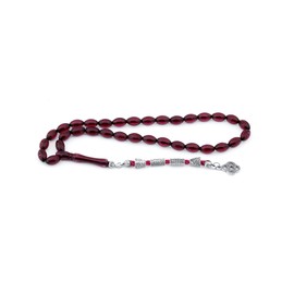 Handcrafted Red Powder Amber Prayer Beads – Barley Cut Misbaha with Tugra Metal Tassel – Islamic Tasbih for Men – 20 Beads – Non-Elastic Thread