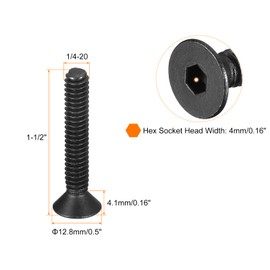 uxcell 1/4-20x1-1/2 Flat Head Socket Cap Screws, 10.9 Grade Carbon Steel Hex Socket Countersunk Flat Head Screw Bolts Fasteners, Fully Threaded, Black Oxide, 20PCS