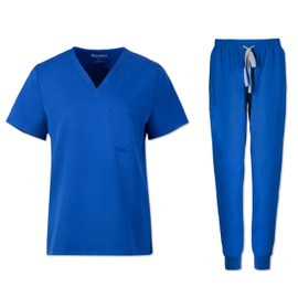 PuriPure Women's 4 Way Stretch V-Neck Scrub Top & Jogger Pant with 6 Pockets - Galaxy Blue, Small