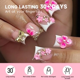 Noerrors White Duck Press on Nails, French Tip Short Duck False Nail with 3D Gold Bow Pink Embossed Floral Acrylic False Nails Glossy Artificial Nail Stick on Nails Reusable for Women DIY 24Pcs