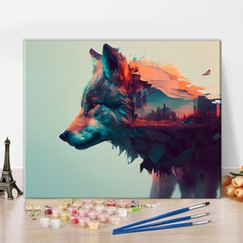 Rebotipy Colorful Wolf Paint by Numbers Watercolor Urban Background Paint by Number Kit for Adults Abstraction Art Style Arts Craft for Home Wall Decor Painting Kits 16x20 Inch (Frameless)