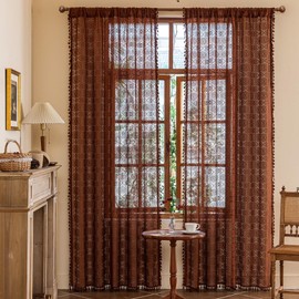 YJ YANJUN Caramel Brown Sheer Curtains 72 Inches Long 2 Panel Shabby Chic Floral Lace Curtain Panels with Tassel Bohemian Curtains for Living Room/Bedroom/Patio Door/Sliding Door W59 x L72 Tan Brown