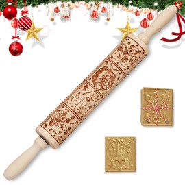 Wooden Embossing Rolling Pin with Mouse,Christmas Theme Deep Engraved Baking Supplies for Cookie,Cute Kitchen Decor DIY Tool for Kids and Adults,Birthday Gifts for Women