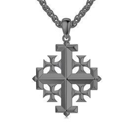 Jerusalem Cross Necklace 925 Sterling Silver Black Plated Crusaders Jerusalem Cross Pendant Christian Jewelry for Men, w/Stainless Steel Chain 22 + 2 Inch