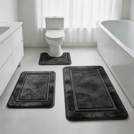 Bathroom Rugs Set 3 Piece Memory Foam Bath Mats Non-Slip Bath Rug Set ,Washable Bathroom Mats,Absorbent Shaggy Rug Super Soft U-Shaped Toilet Rug, Bordered Mat Decor for Bathroom,Tub,Shower Grey