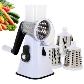 MEKOTRIN Rallador de Queso con Manivela, Triturador de Verduras de Cocina, Máquina de Hielo Manual con 3 Cuchillas de Tambor Intercambiables para Papas y pepinos.