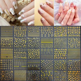 30 Sheets Gold Nail Stickers Decals Gold Star Moon Line Nail Decals 3D Self-Adhesive Gold Nail Stickers for Nail Art Leaf Flower Nail Art Stickers Gold Nail Design Decorations for Women Manicure DIY