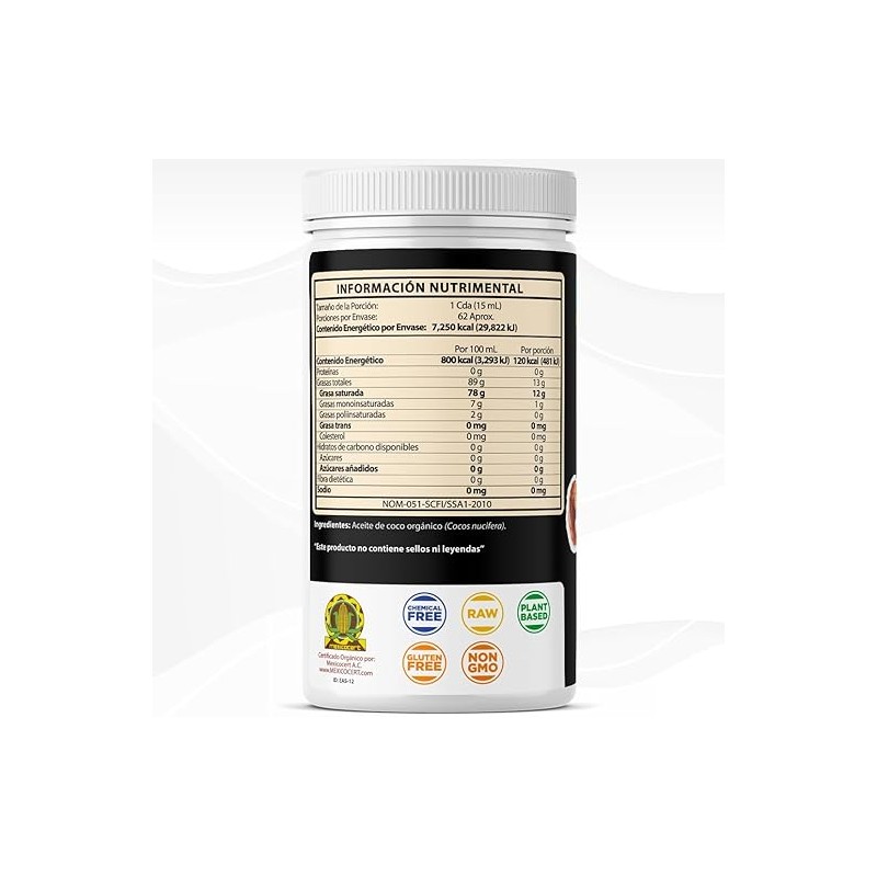 Aceite de coco ORGÁNICO 930ml, sin sabor y sin olor,