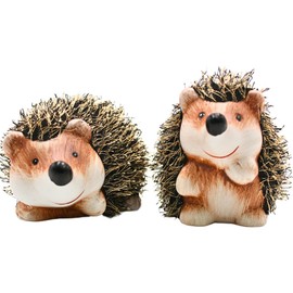 Decorative Hedgehog Ceramic Garden Hedgehog Decorative Hedgehog with Fur Set of 2 in Brown, Size Approx. 15 x 8 x 8 cm