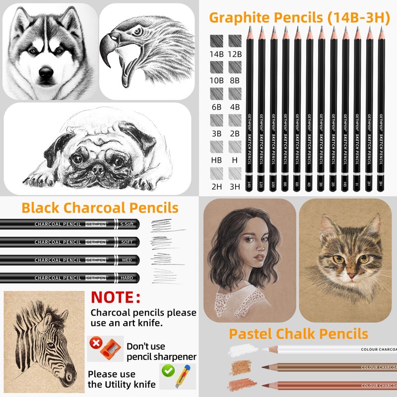 GETHPEN Sketch Pencils for Drawing,34 Pcs,Graphite Pencil (14B-4H), Charcoal Pencil,With