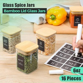Set of 16 Glass Spice Jars with Bamboo Lid 6oz, 2.12" x 3.38" Square Containers with 275 Black Labels, Empty Seasoning Jars for Salt Sugar