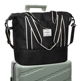 DMLuna Travel Duffel Bag, Tote Sports Gym Bag, Shoulder Overnight Weekender Bag for Women & Men, Hospital bag, Expandable Duffel Bag with Trolley Sleeve/Wet Pocket, Black