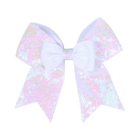 Glitter Cheer Hair Bows Ponytail Holder Elastic Band Sequins Bow-knot Hair Ties for Cheerleading Teen Girls.(FS20-White)