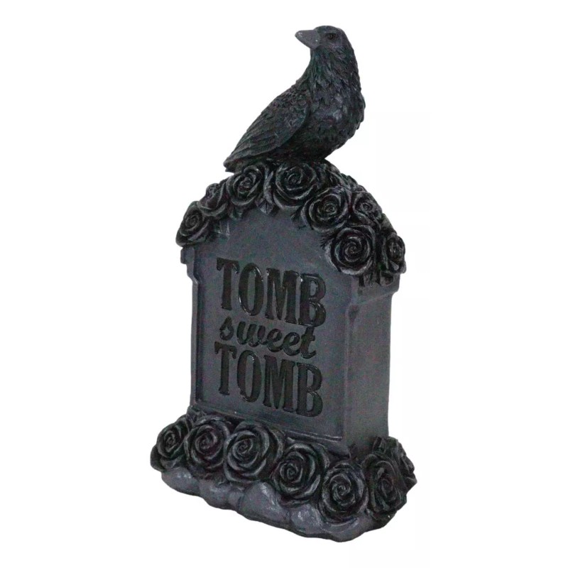 Gothic Raven Crow Perching On Black Roses Graveyard Tomb Headstone