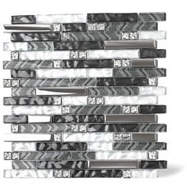 Elephantile Black & White Glass Linear Tile for Kitchen Backsplash Bahtroom Wall Mosaic Sheets [Set of 5]