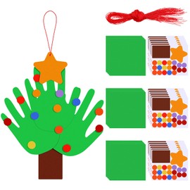 JellyArch 24 Sets Handprint Christmas Tree Decoration Craft Kit with Red Rope DIY Christmas Ornaments Craft Make Your Own Handprint Christmas Tree Cutouts for Xmas Party Office Home Classroom
