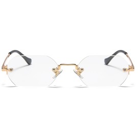 RUNHUIS Retro Rimless Rectangular Sunglasses for Women Men Vintage Hexagon Tinted Lenses, Gold/Transparent